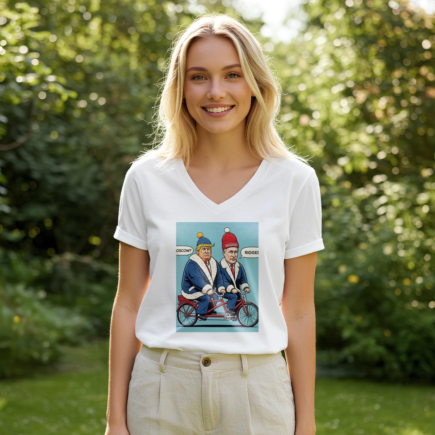 Political Pedals Unisex V-Neck Shirt | Trump Putin Tandem Bike Tee | Rigged Election Humor | To Moscow Satire | Funny Political Gift
