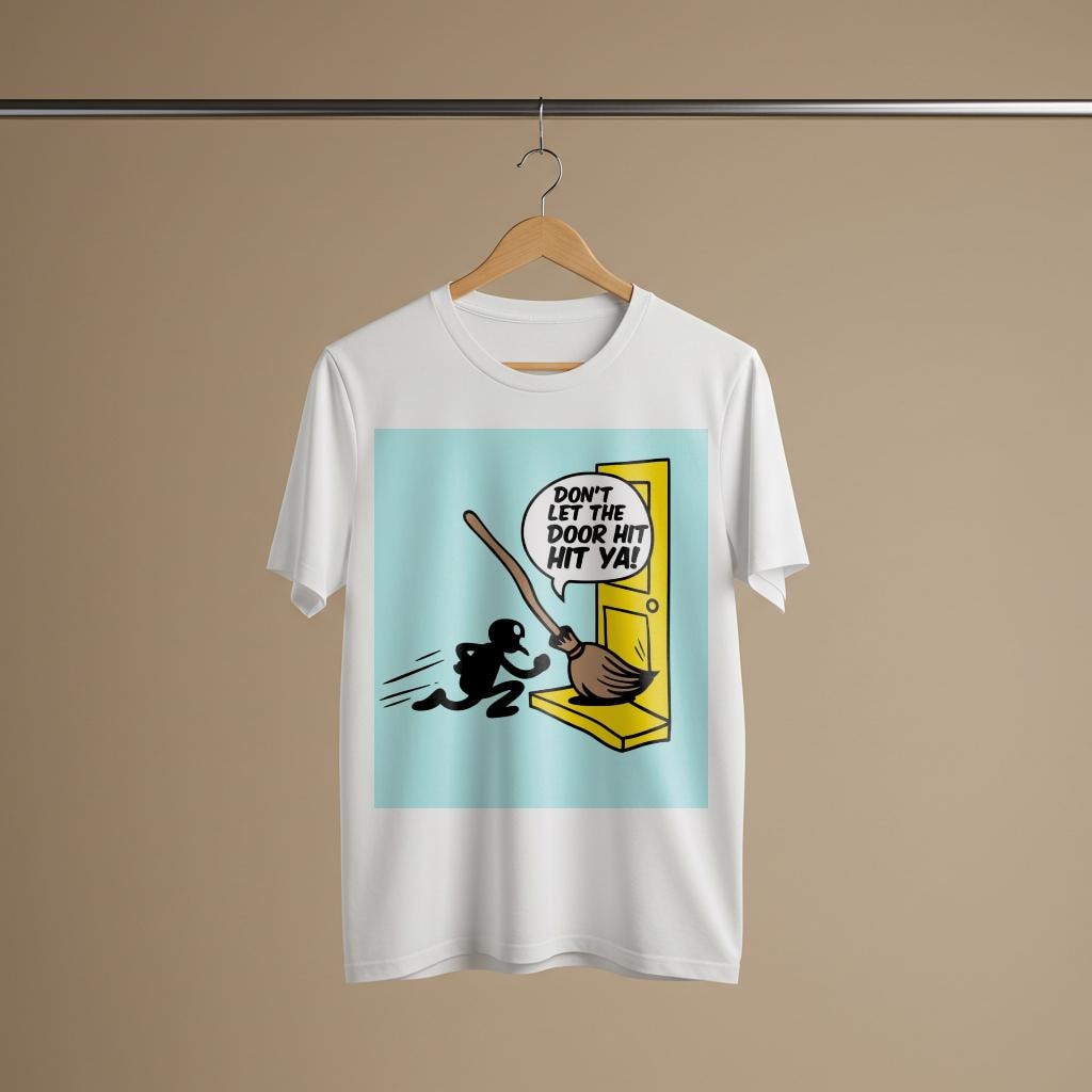 Sarcastic Broomstick Humor T-Shirt | Funny Graphic Tee | Witty Quote Apparel | Don't Let The Door Hit Ya Shirt | Unisex Garment-Dyed Top