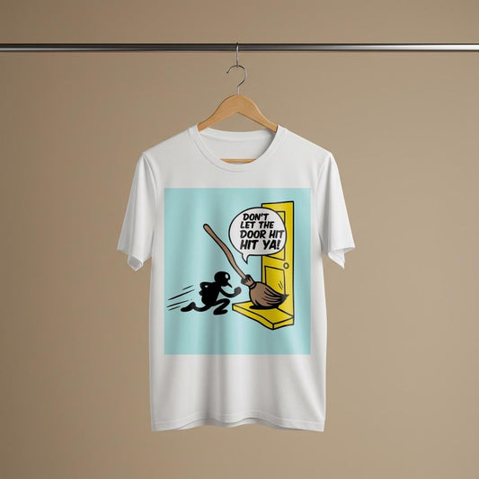 Sarcastic Broomstick Humor T-Shirt | Funny Graphic Tee | Witty Quote Apparel | Don't Let The Door Hit Ya Shirt | Unisex Garment-Dyed Top