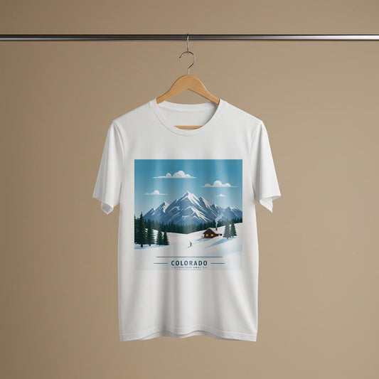 Colorado Adventure Awaits T-Shirt | Retro Skiing Mountain Landscape Tee | Cozy Cabin Winter Scene | Garment Dyed Unisex Apparel Gift