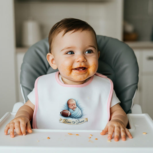 Born to Shine Football Baby Bib | Adorable Newborn Boy Swaddle Design | Sports Theme Infant Feeding Bib | Unique Baby Shower Gift Idea