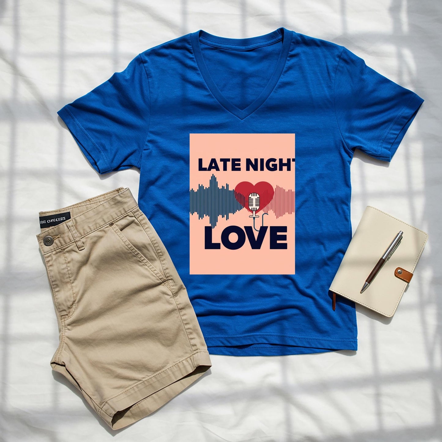 Late Night Love V-Neck Tee | Romantic Podcast Lover Shirt | Vintage Microphone Heart Sound Wave Design | Music Lover Gift for Him Her