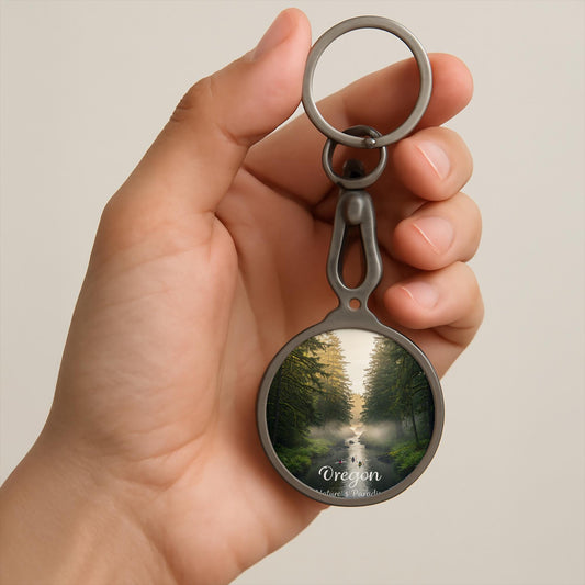 Oregon Misty Forest Kayaking Keyring Tag | Nature's Paradise Adventure Keychain | Pacific Northwest Travel Souvenir Gift for Kayakers