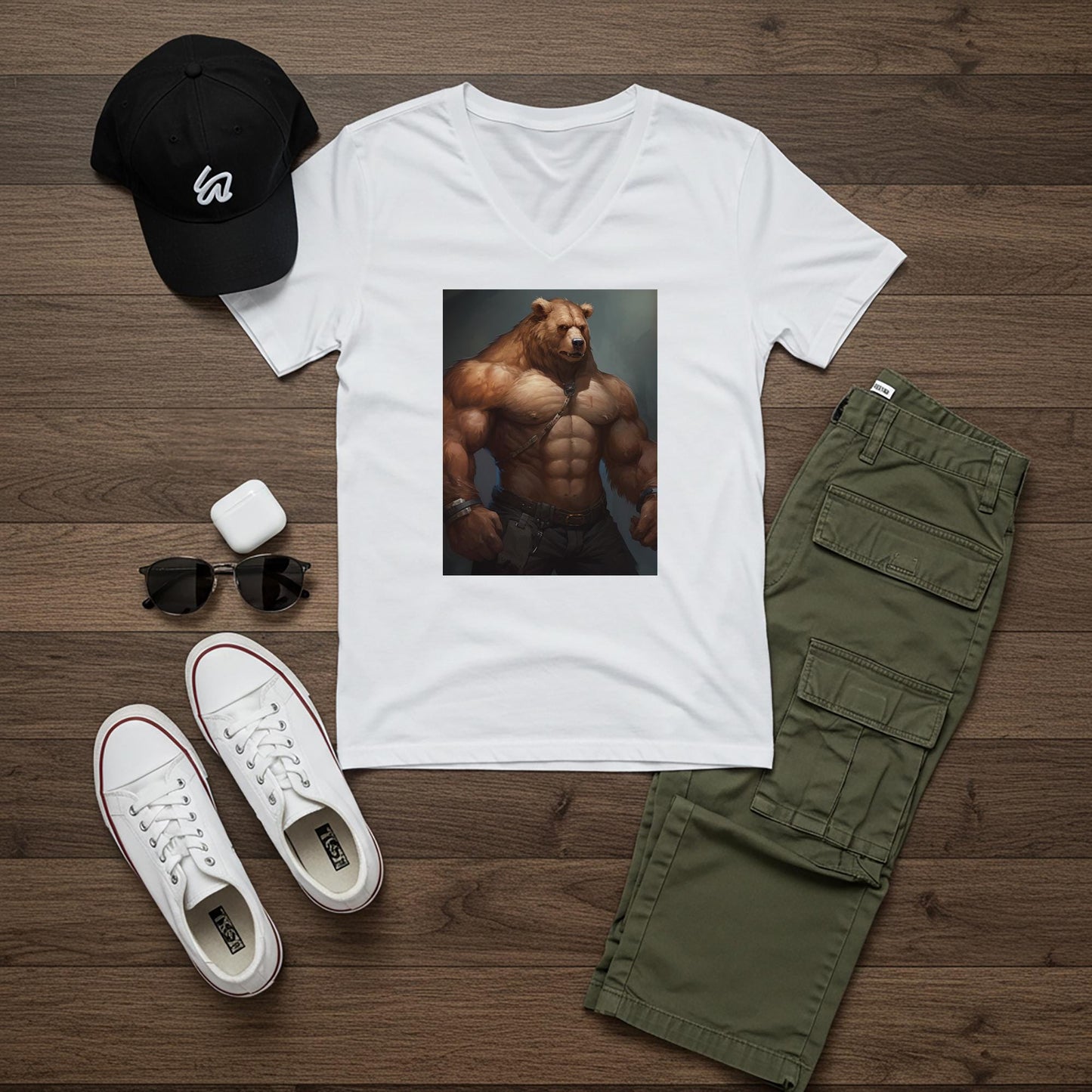 Muscular Anthropomorphic Bear V-Neck Tee | Fantasy Art Graphic Shirt | Power Symbol Apparel | Rugged Style Unisex Top for Bear Community