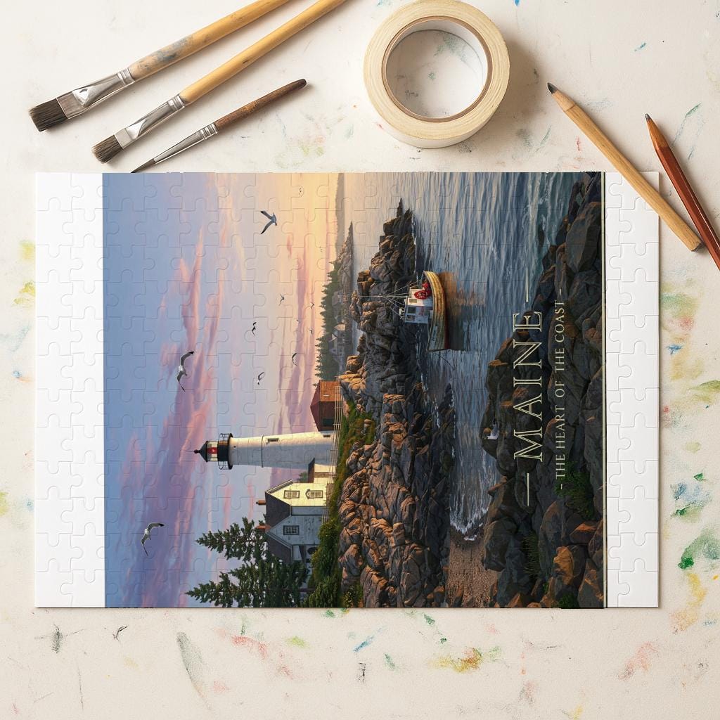 Maine Coastal Jigsaw Puzzle | Lighthouse Seascape Art | New England Charm Adult & Family Activity | Serene Ocean Scene Home Decor Gift