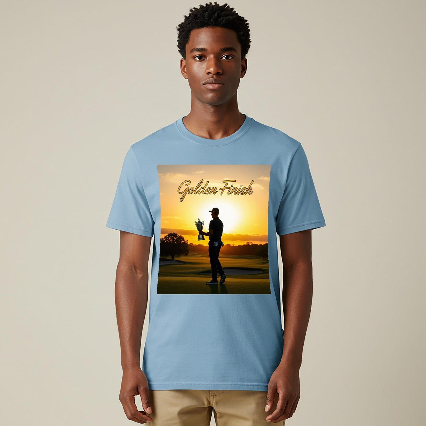 Golden Finish Golf T-Shirt | Triumphant Golfer Sunset Tee | Victory Achievement Apparel | Inspirational Sports Fan Gift for Him Her