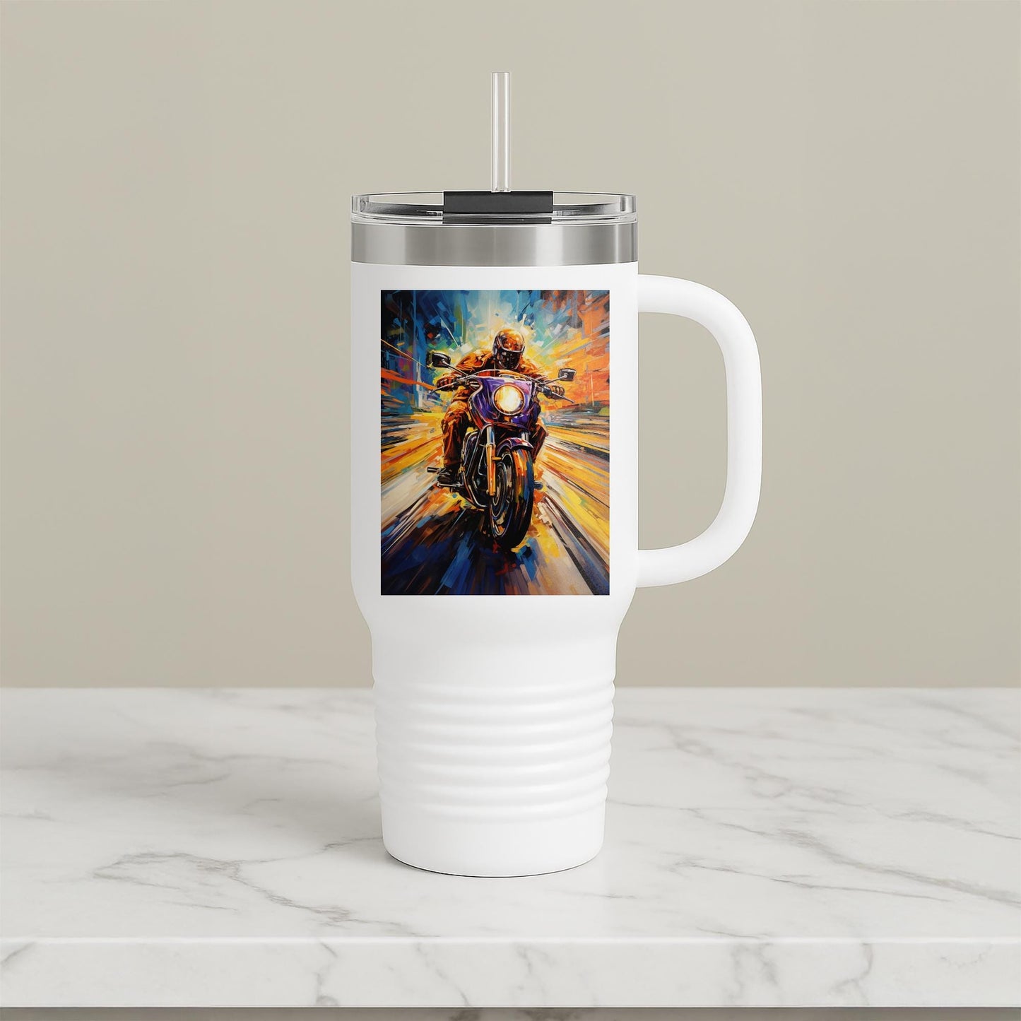 Dynamic Motorcycle Art Travel Mug | Abstract Biker Tumbler | Vibrant Speed Design | Insulated 40oz Rider Gift for Enthusiasts & Adventurers