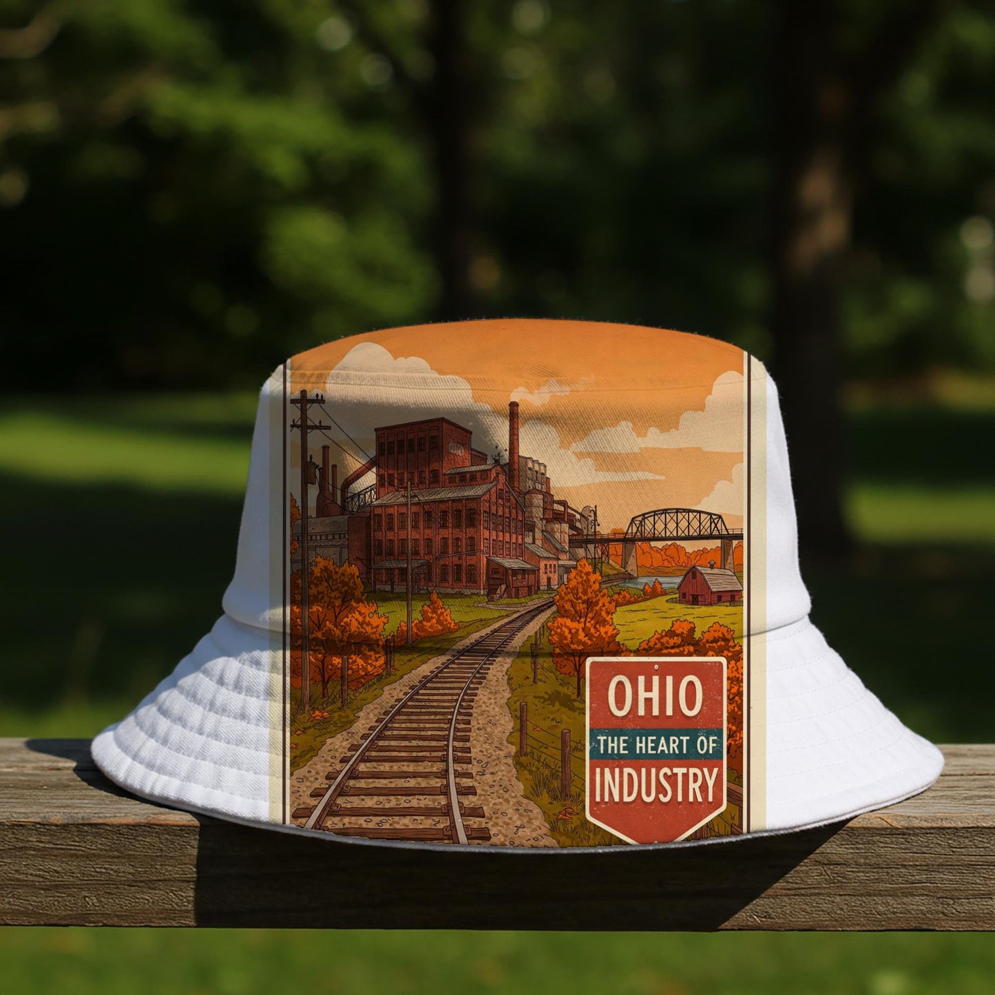 Ohio Heart of Industry Bucket Hat | Vintage Industrial Heritage Retro Ohio Pride Americana WPA Style Travel Poster Factory Railroad Art