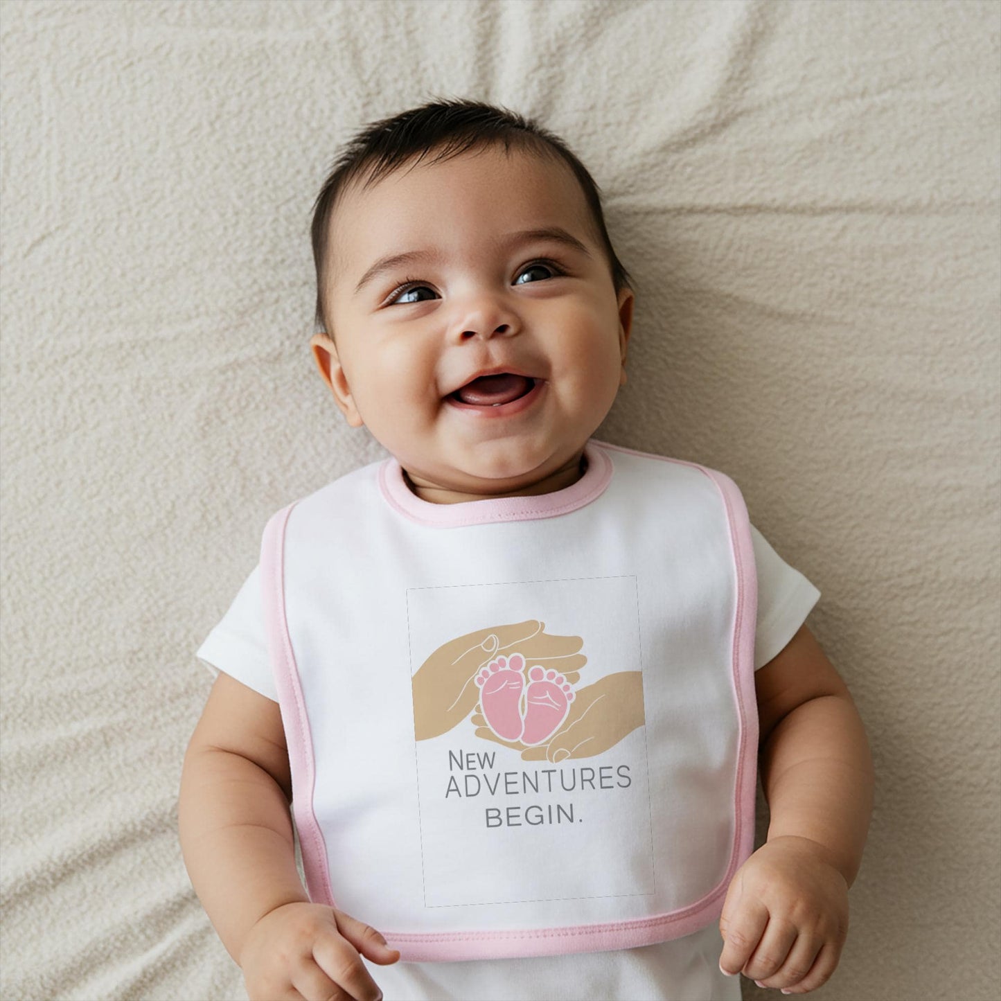 New Adventures Begin Baby Bib | Minimalist Baby Feet Design | Newborn Gift for Expecting Parents | Sweet Tender Baby Girl Jersey Bib