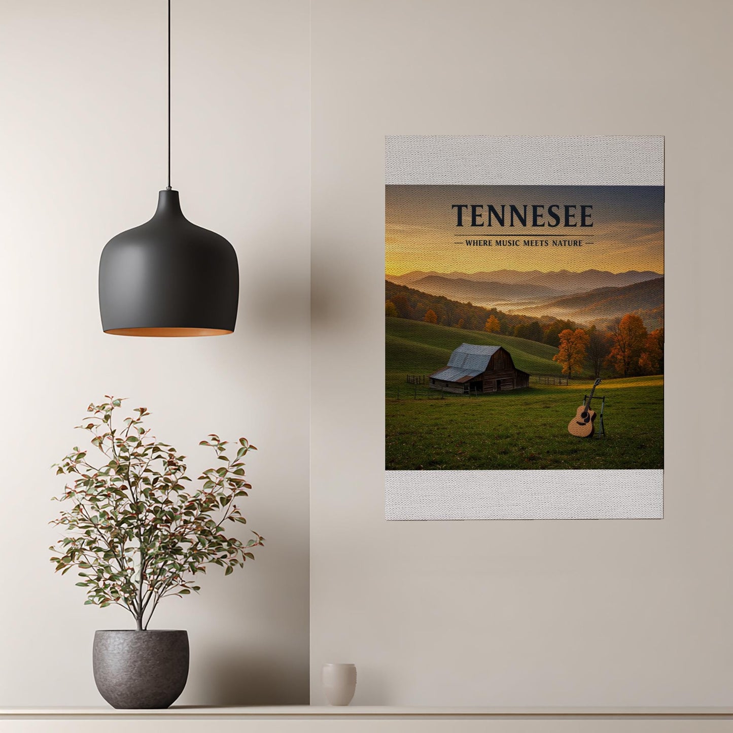 Tennessee Music Meets Nature Canvas Print | Rustic Barn Autumn Landscape Wall Art | Acoustic Guitar Farmhouse Decor | Peaceful Scenic View