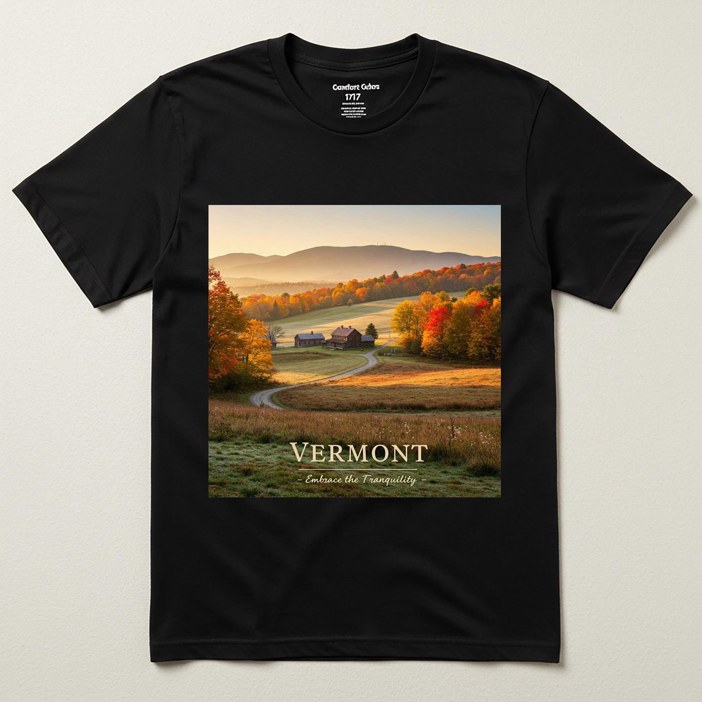 Vermont Autumn Landscape T-Shirt | Fall Foliage New England Scenery Tee | Tranquil Rustic Charm Garment Dyed Shirt for Nature Lovers