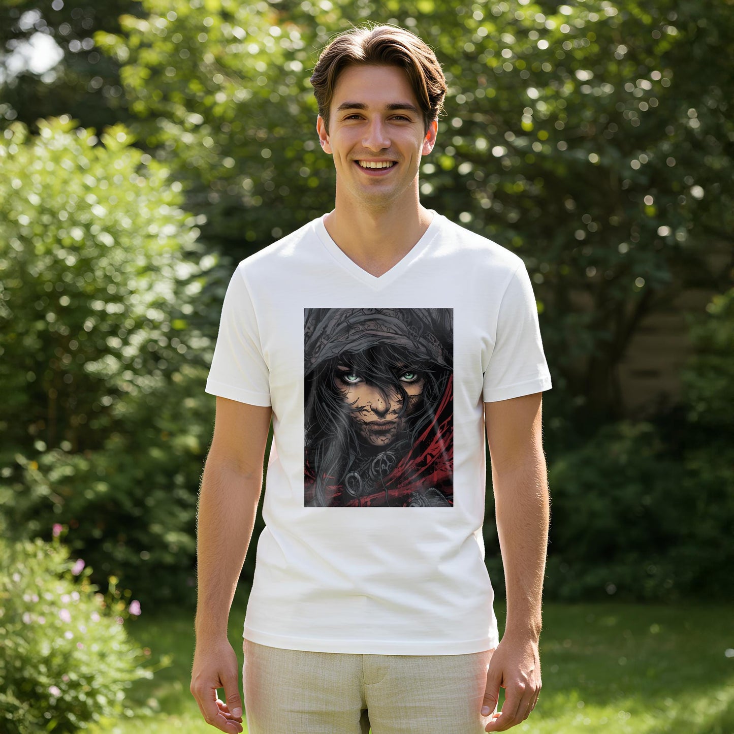 Rebel Spirit V-Neck Tee | Warrior Woman Graphic Shirt | Defiant Female Art | Dark Fantasy Cyberpunk Apparel | Intense Eyes Comic Style Top