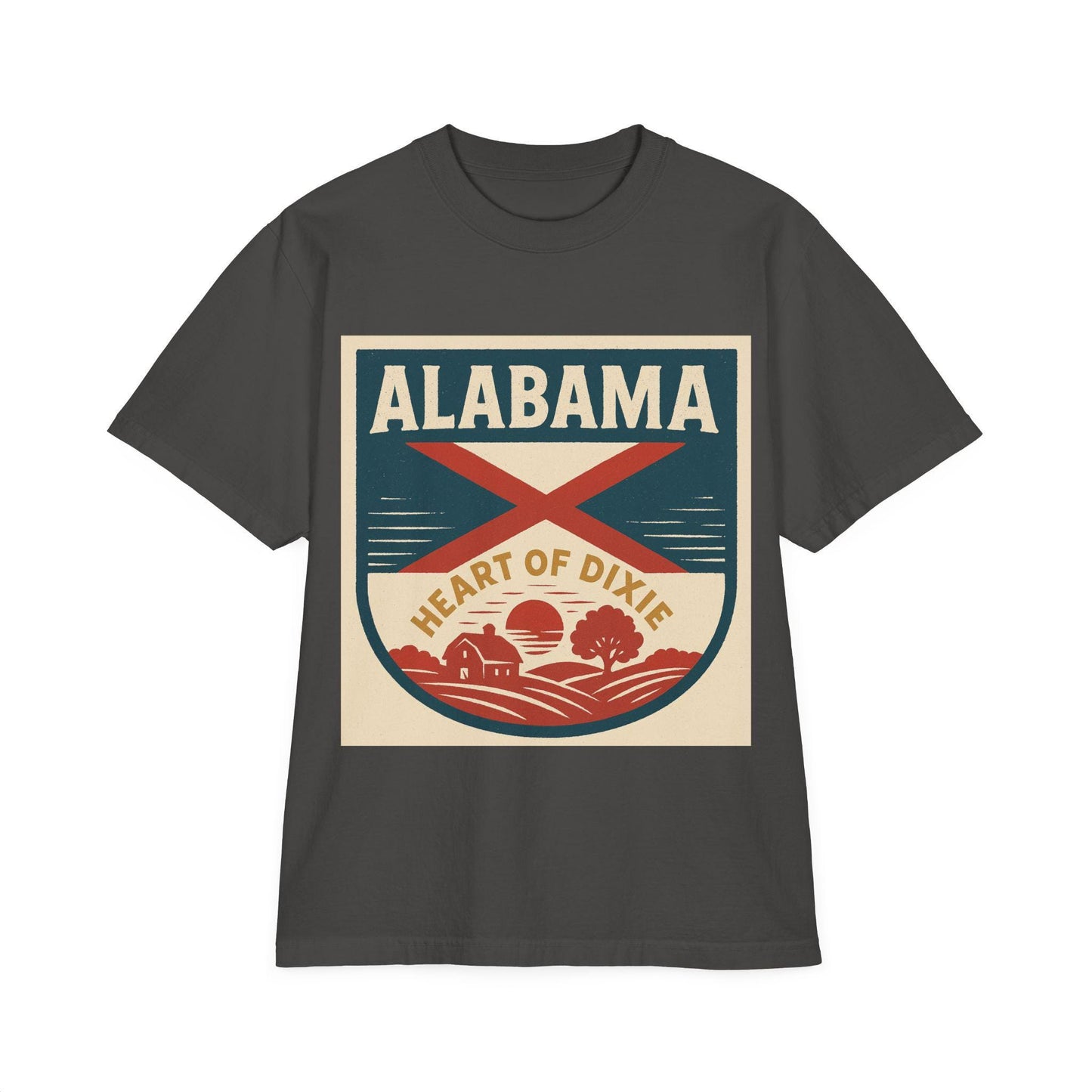 Heart of Dixie Alabama Vintage Garment-Dyed Unisex Drop-Shoulder T-Shirt - 100% Cotton, Soft & Comfortable, Made in the USA