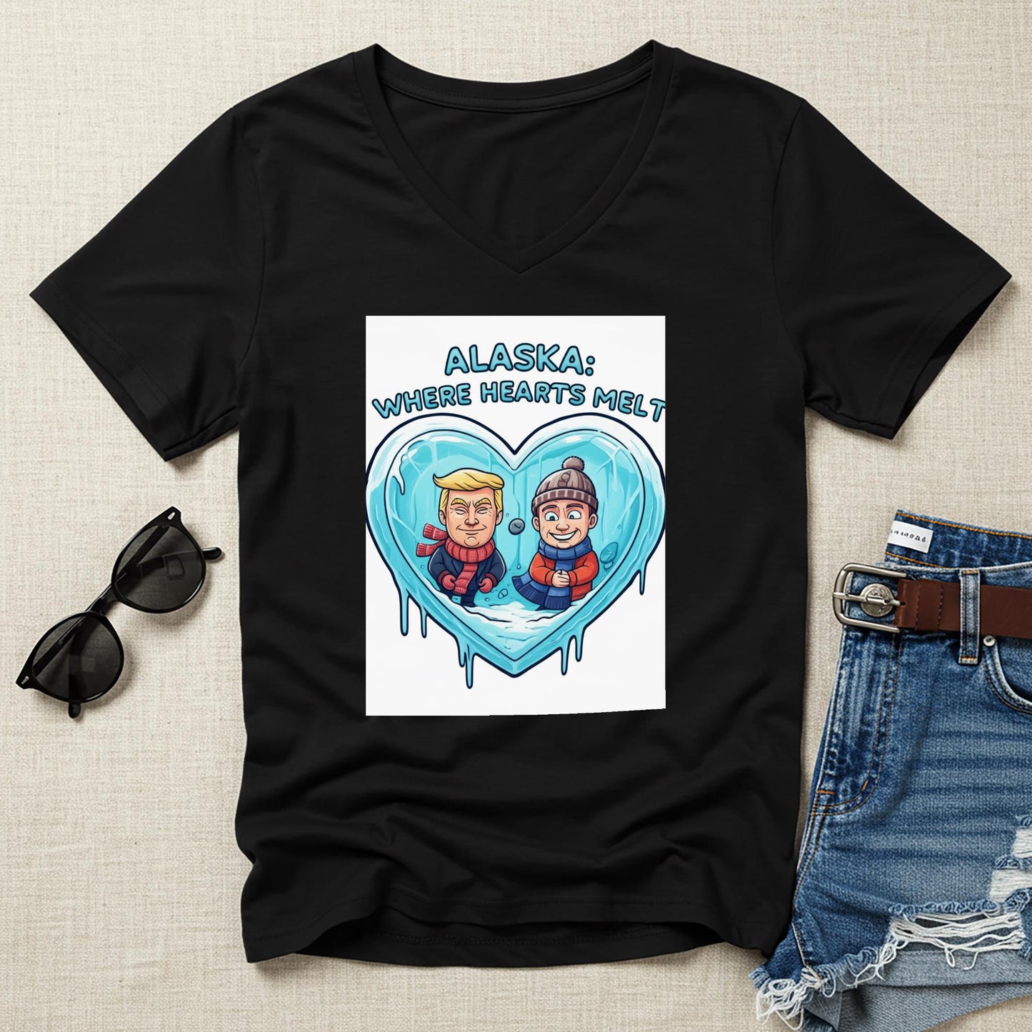 Unisex V-Neck Tee with Humorous Alaska Melting Heart Design | Political Satire Trump Putin Cartoon | Funny US Russia Relations Gift