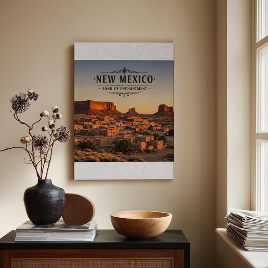 New Mexico Land of Enchantment Canvas Print | Southwestern Desert Landscape Wall Art | Adobe Village Red Rock Mesa Decor | State Pride Gift