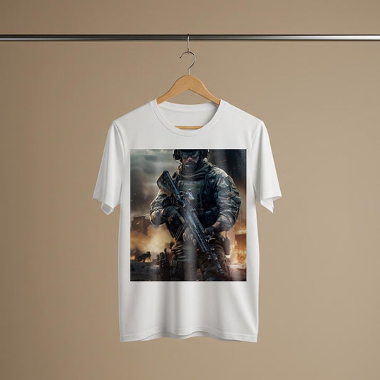 Warrior Resolve Military T-shirt | Modern Soldier Tactical Gear Apparel | Gritty Urban Warfare Art Print Tee | Unisex Garment-Dyed Shirt