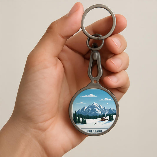 Colorado Winter Mountain Keyring Tag | Skiing Adventure Keychain Gift | Cozy Cabin Landscape Art Travel Souvenir for Outdoors Lovers.