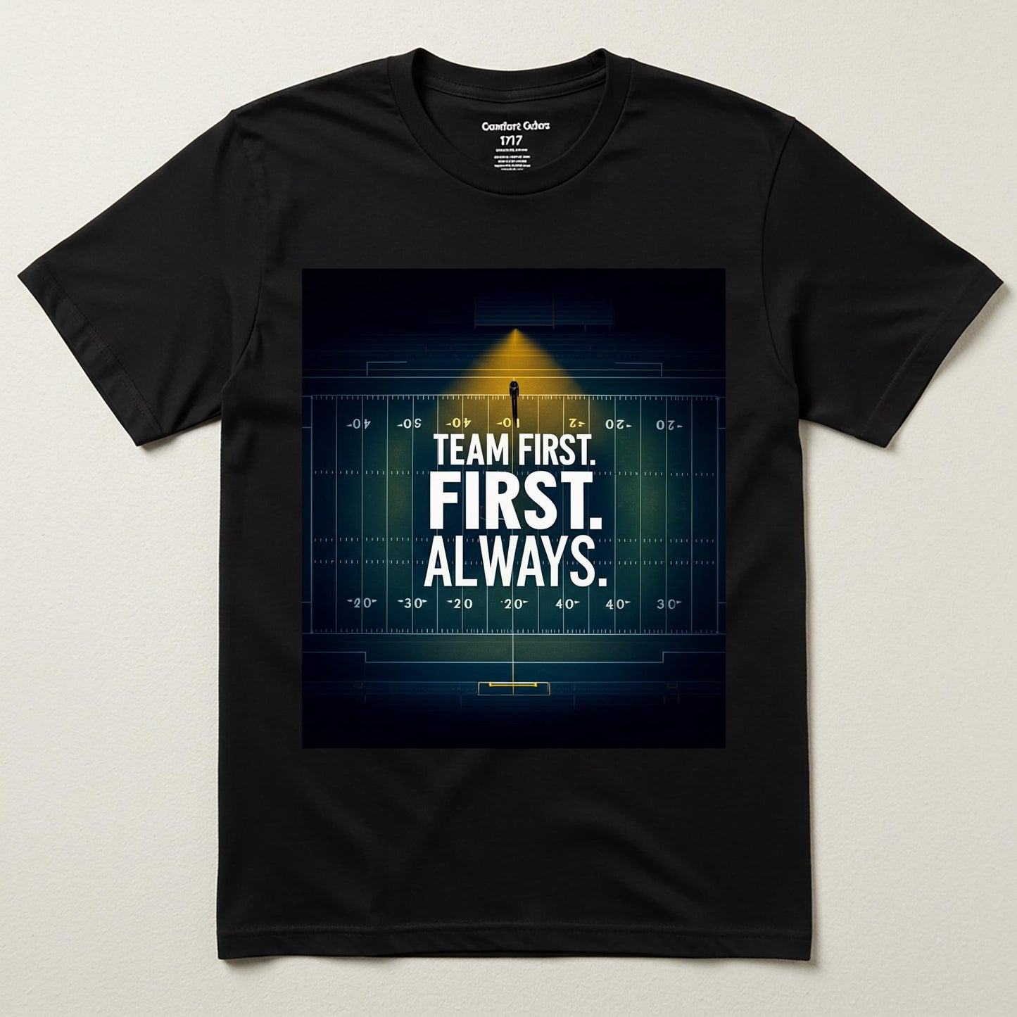 Team First Football T-Shirt | Motivational Sports Tee | Garment-Dyed Unisex Apparel | American Football Field Design | Leadership Gift