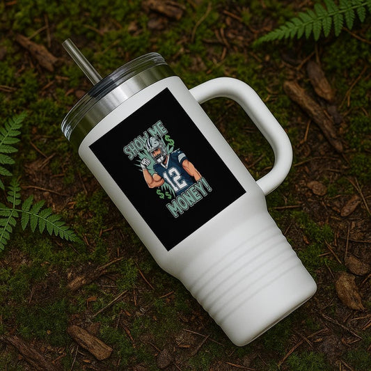 40oz Insulated Travel Mug Football Player Show Me Money Sports Fan Gift Game Day Tumbler Money Mindset Hustle Culture Motivational Drinkware