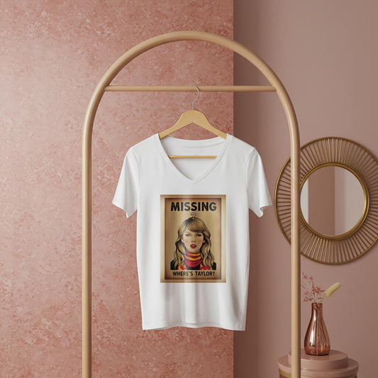 Taylor Swift V-Neck Tee | Swiftie T-Shirt | Missing Taylor Shirt | Pop Art Vintage Poster Design | Celebrity Fan Apparel | Music Lover Gift