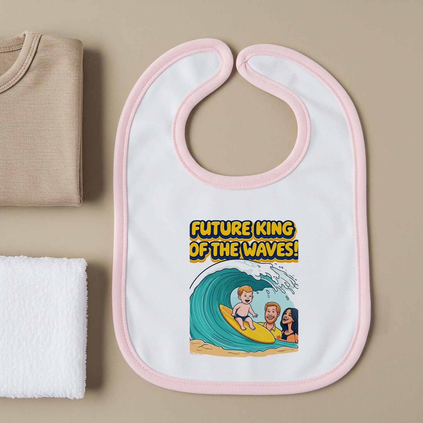 Future King of the Waves Baby Bib | Surfing Ocean Theme Infant Feeding Accessory | Playful Royal Nods Unique Baby Shower Gift Idea