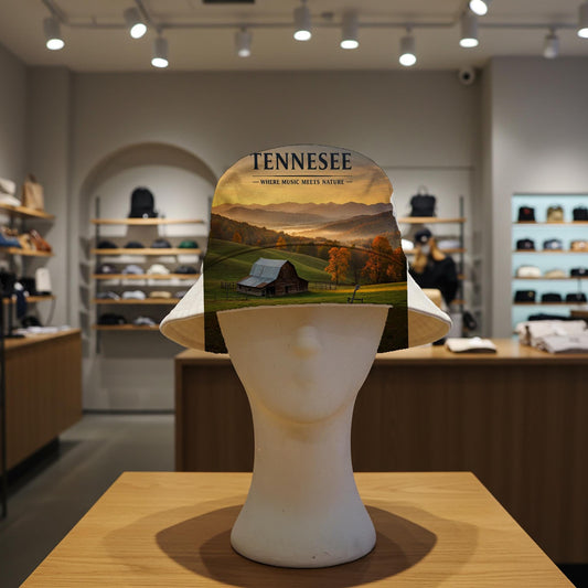 Tennessee Music Meets Nature Bucket Hat | Autumn Landscape Smoky Mountains Rustic Barn Guitar Print | Nature Lover Gift TN Souvenir