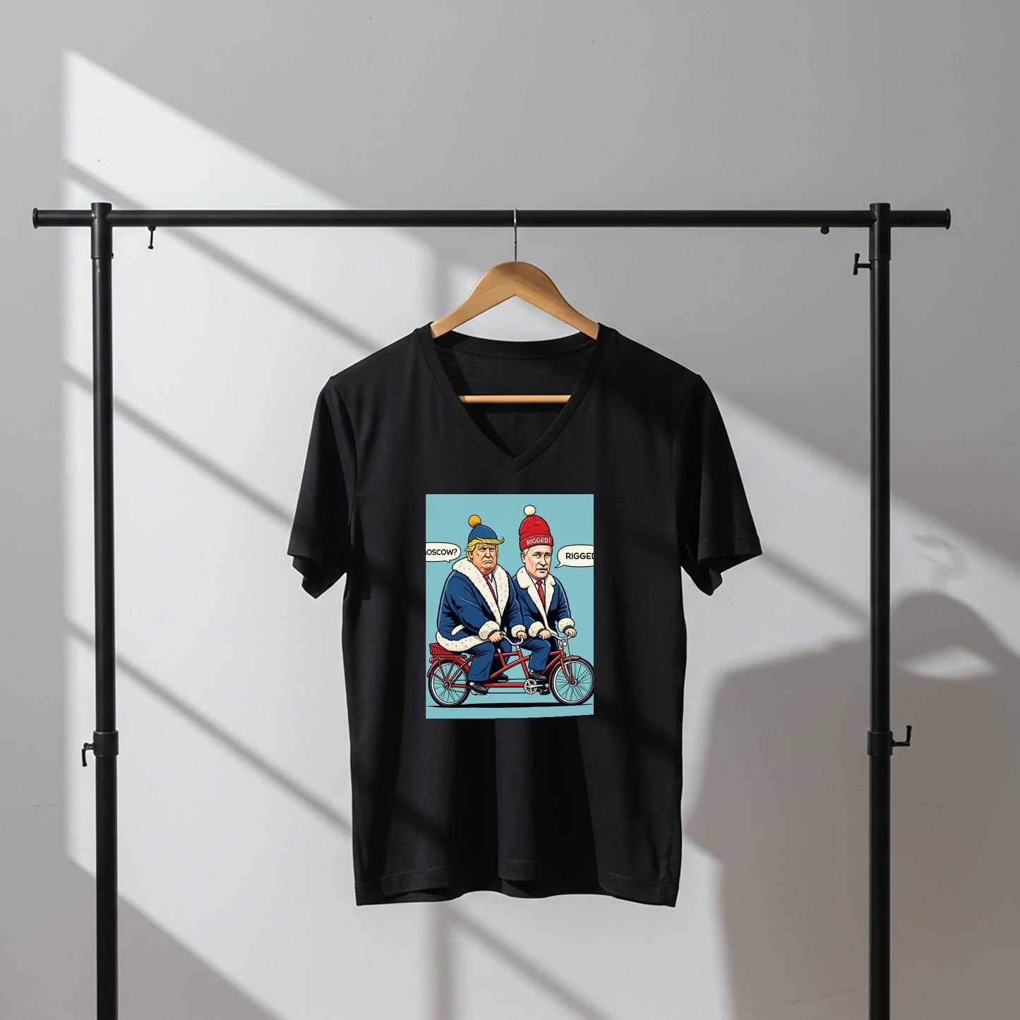 Political Pedals Unisex V-Neck Shirt | Trump Putin Tandem Bike Tee | Rigged Election Humor | To Moscow Satire | Funny Political Gift