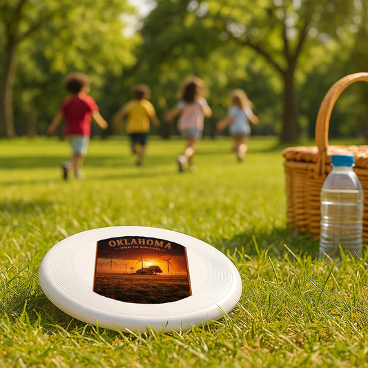 Oklahoma Windy Sunset Wham-O Frisbee | State Pride Gift | Rural Landscape Art | Unique Americana Decor | Wind Turbine Farmhouse Scene