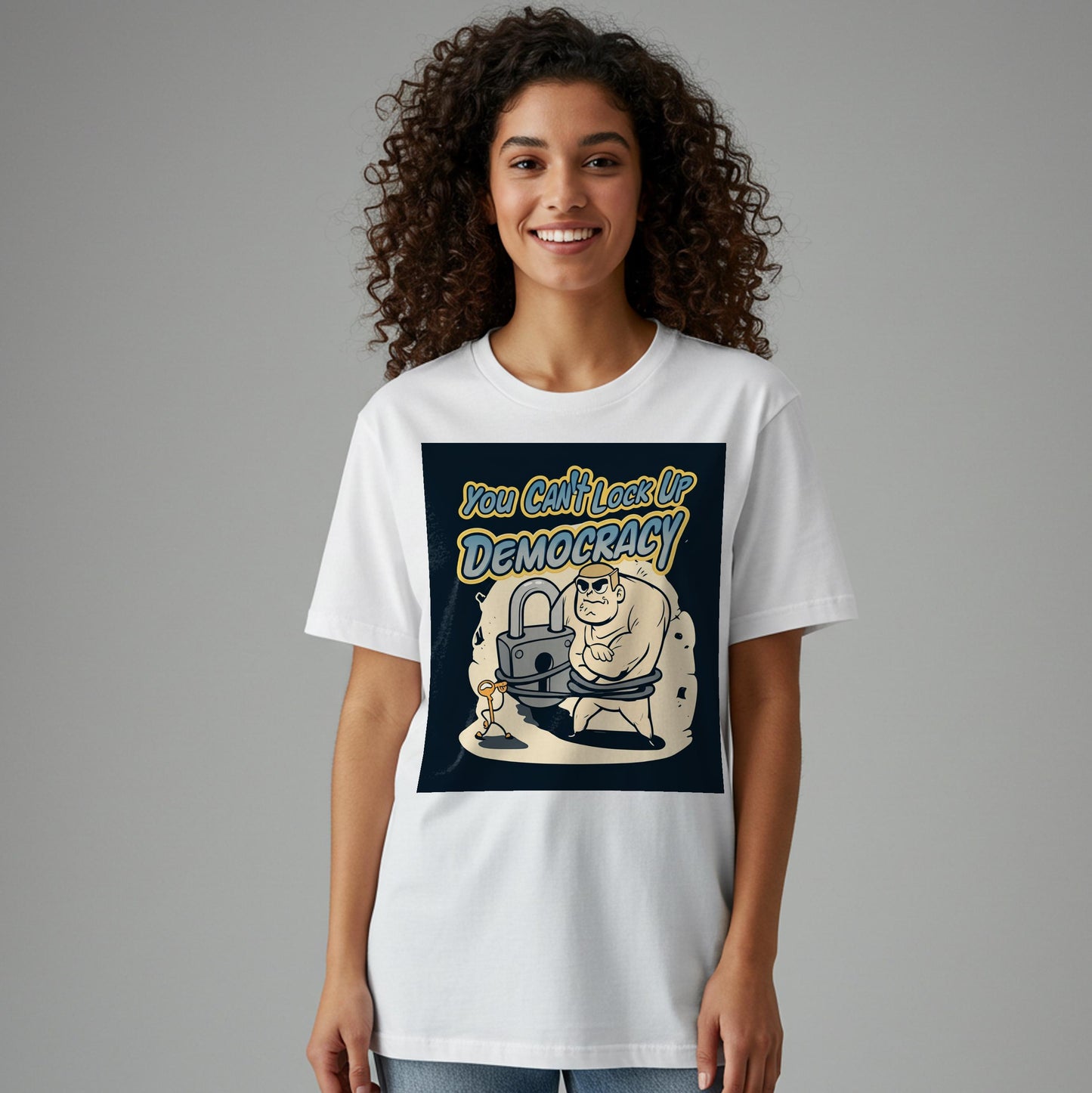 You Can't Lock Up Democracy T-Shirt | Political Freedom Activist Tee | Social Justice Empowerment Apparel | Vintage Cartoon Statement Shirt