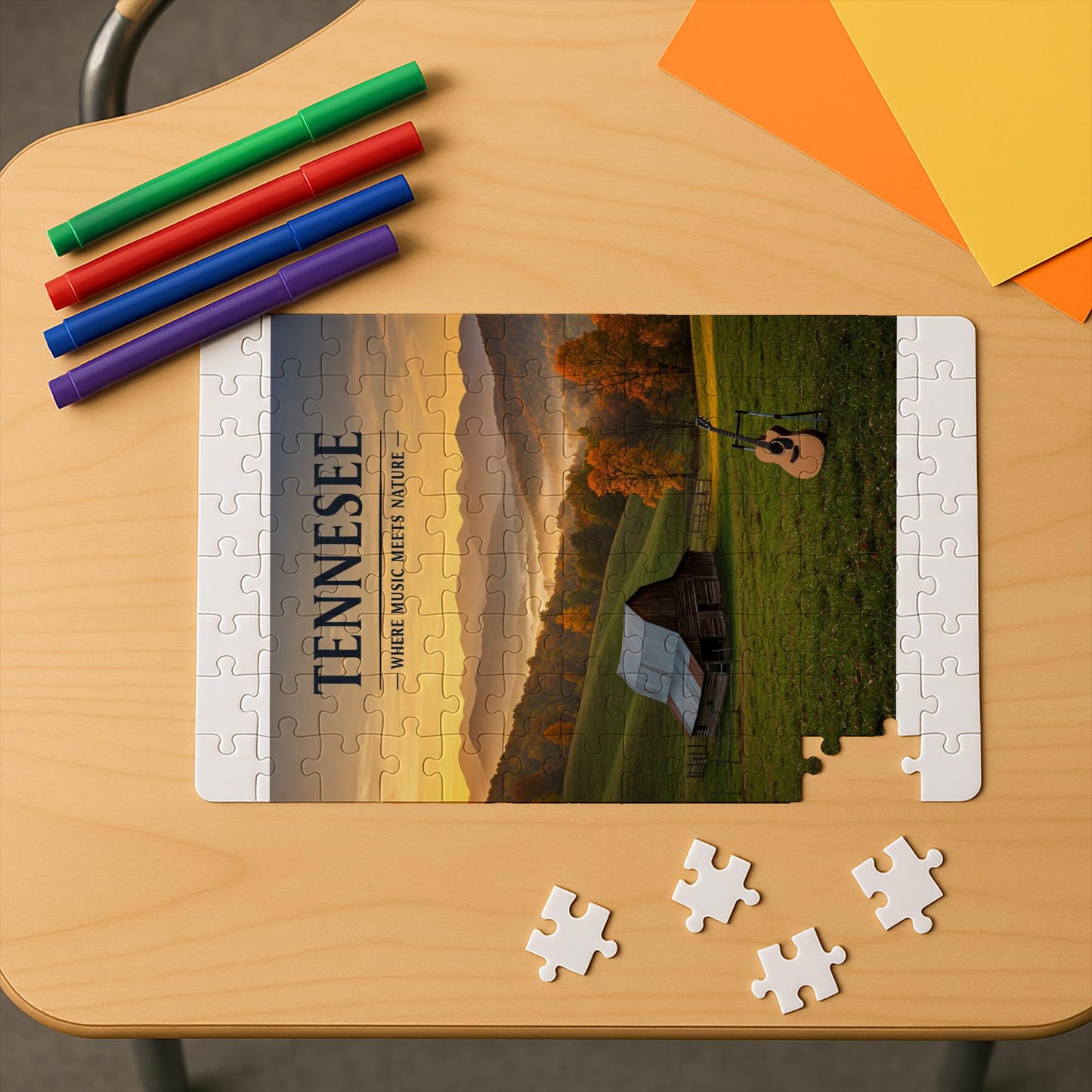 Tennessee Landscape Puzzle, Music Meets Nature Autumn Scene Jigsaw, Rustic Barn & Guitar Art, Appalachian Mountains Fall Decor, Unique Gift.