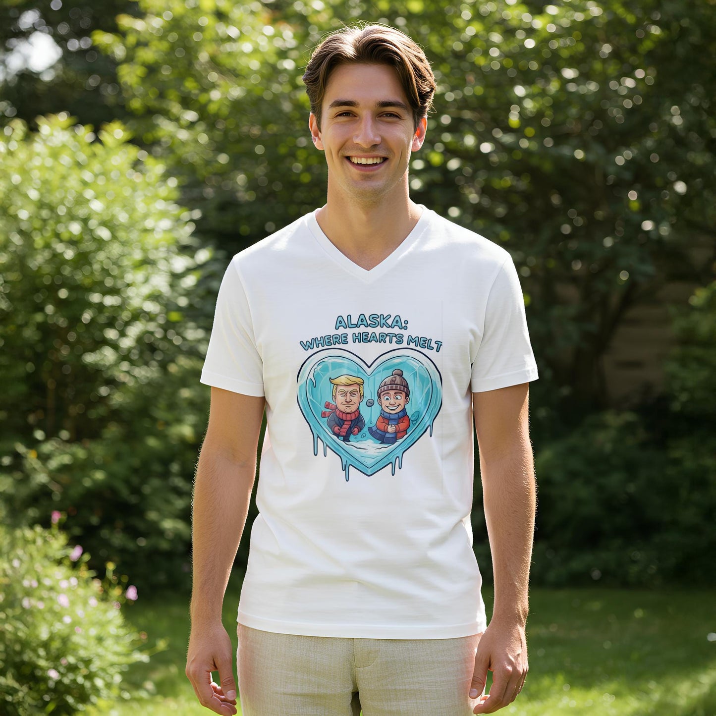 Unisex V-Neck Tee with Humorous Alaska Melting Heart Design | Political Satire Trump Putin Cartoon | Funny US Russia Relations Gift
