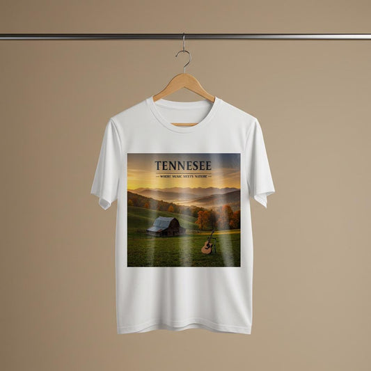 Tennessee Music Meets Nature T-Shirt | Appalachian Landscape Autumn Barn Guitar Tee | Rustic Country Music Fan Gift | State Pride Apparel