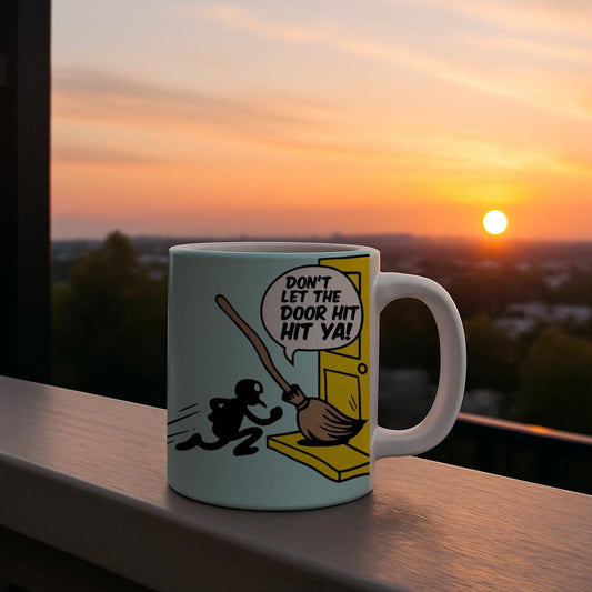 Don't Let The Door Hit Ya Funny Coffee Mug | Sarcastic Witty Humorous Farewell Gift | Good Riddance Coworker Leaving Job Moving On