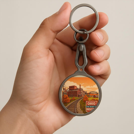 Ohio Heart of Industry Keyring Tag | Vintage Industrial Heritage Design | Retro State Pride Keychain | Nostalgic Ohio Souvenir Gift Idea