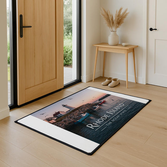 Rhode Island Coastal Floor Mat with Lighthouse & Fishing Boats | New England Ocean State Welcome Mat | Heavy Duty Durable Home Decor Gift