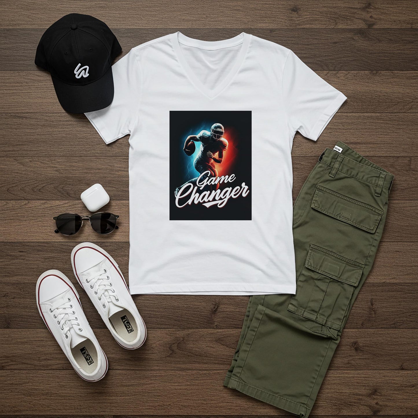 Game Changer American Football V-Neck Tee | Dynamic Player Graphic Shirt | Sports Fan Apparel | Athletic Motivation Gift for Him or Her