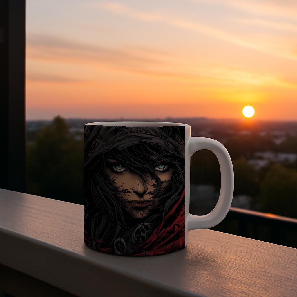 Rebel Spirit Mug, Hooded Woman Art Coffee Cup, Gritty Dark Fantasy Ceramic Mug, Edgy Dystopian Gamer Gift, Intense Gaze Statement Drinkware