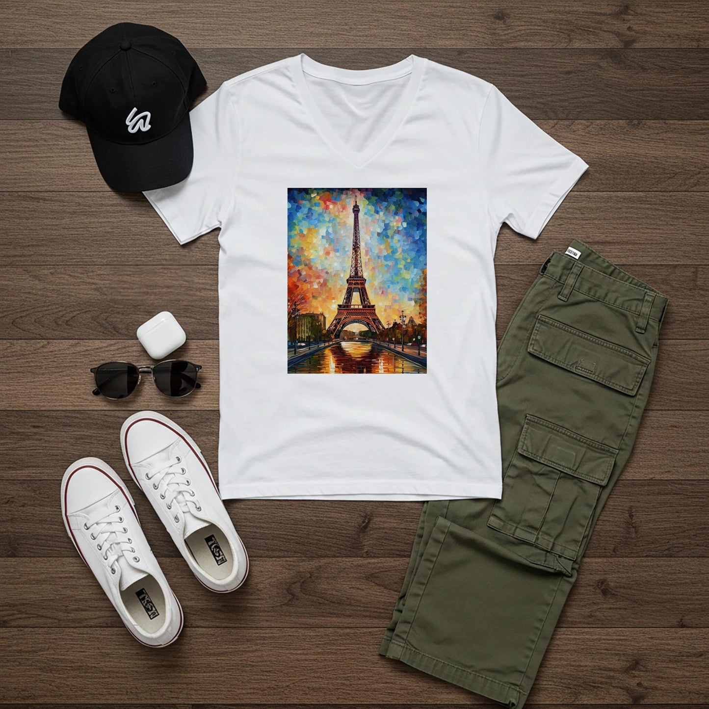 Vibrant Eiffel Tower V-Neck Tee | Impressionist Paris Art Shirt | Autumn Cityscape Graphic | Romantic Travel Apparel | Artistic Unisex Top
