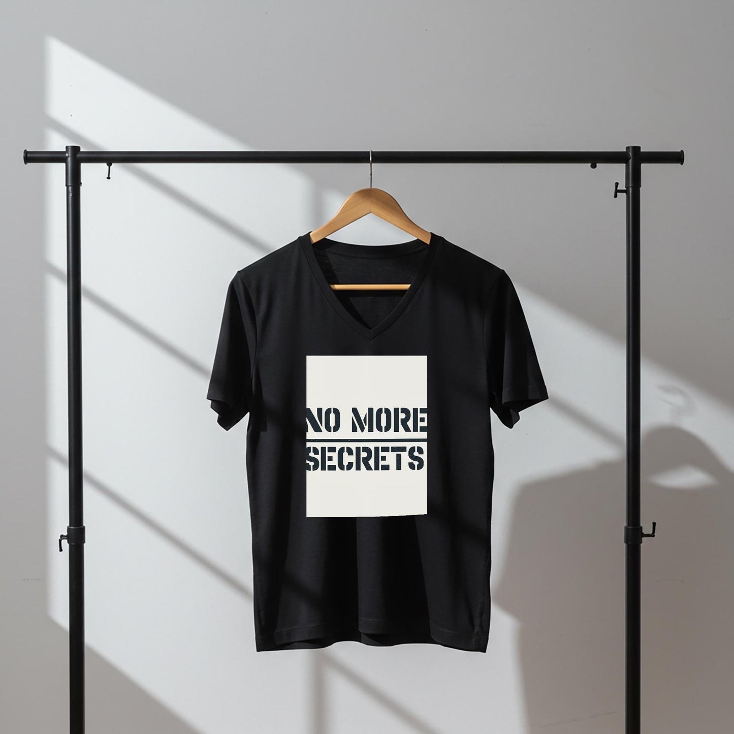 No More Secrets V-Neck Tee | Truth Transparency Honesty Shirt | Distressed Stencil Font Graphic T-Shirt | Empowering Statement Apparel Gift
