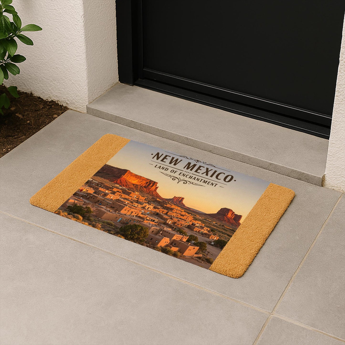 New Mexico Land of Enchantment Doormat | Southwest Welcome Mat | Desert Landscape Adobe Village State Pride Travel Themed Housewarming Gift