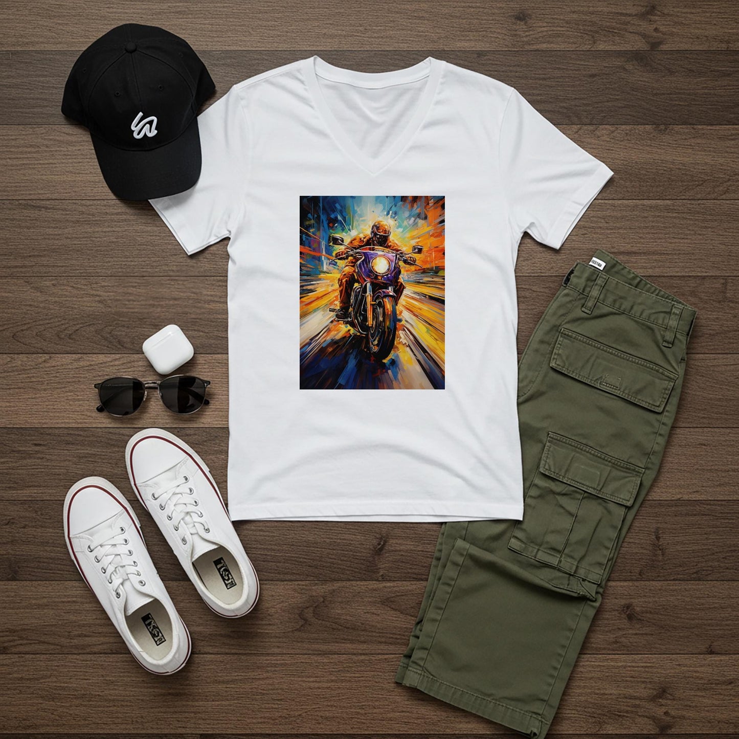 Unisex V-Neck Tee with Abstract Motorcycle Art | Dynamic Rider Speed Design | Vibrant Expressionist Biker Shirt | Unique Gift for Riders