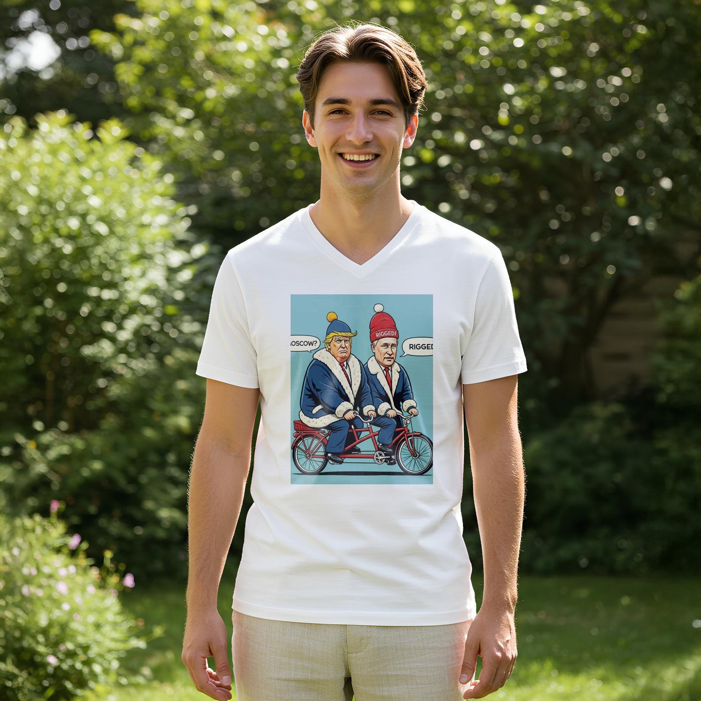 Political Pedals Unisex V-Neck Shirt | Trump Putin Tandem Bike Tee | Rigged Election Humor | To Moscow Satire | Funny Political Gift