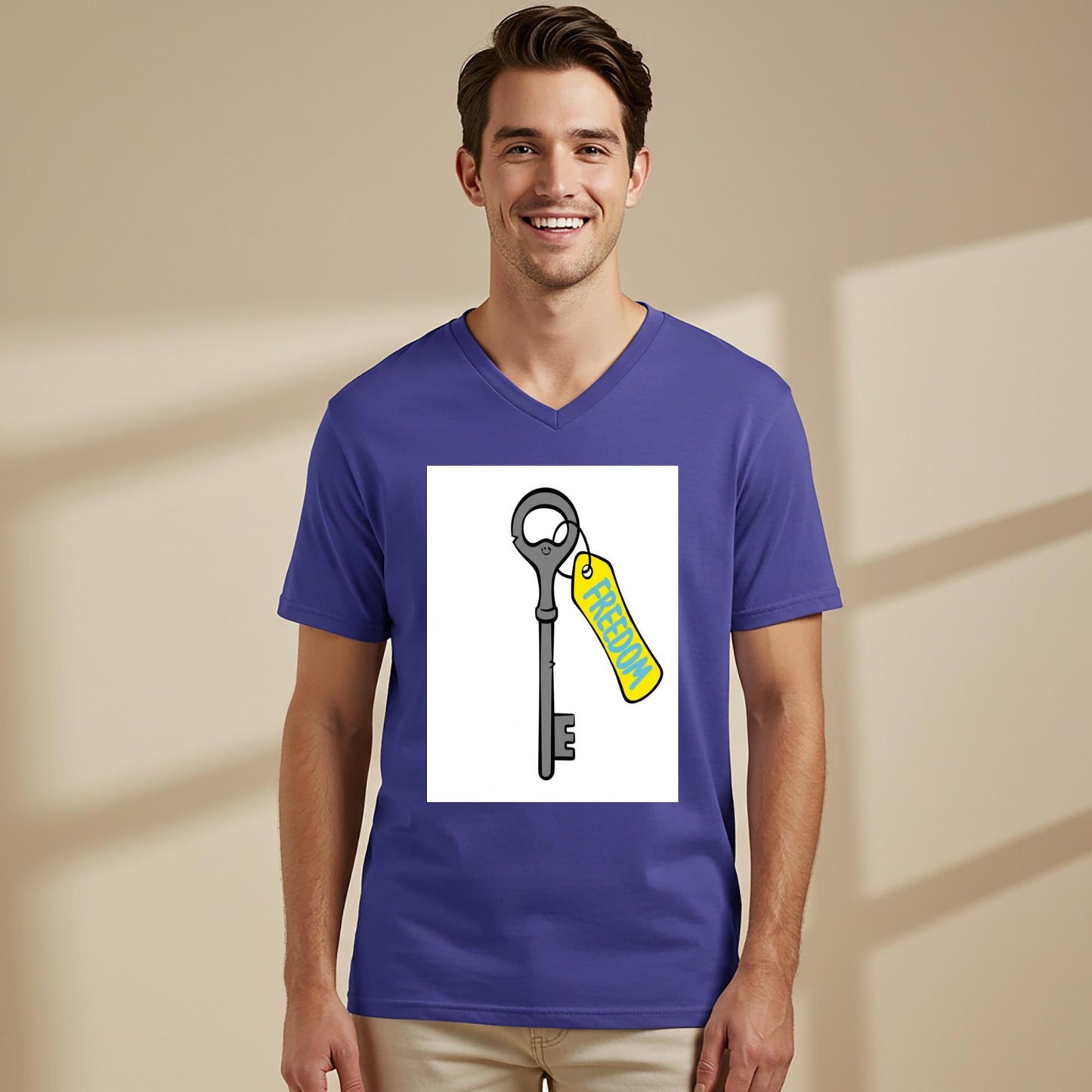 Unisex V-neck Tee with Freedom Key Design | Motivational Inspirational Shirt | Positive Message Apparel | Liberation Independence Gift