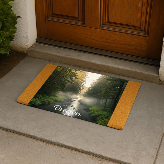 Oregon Nature's Paradise Doormat | Pacific Northwest Forest River Kayaking Welcome Mat | Outdoor Adventure Home Decor Gift for Nature Lovers