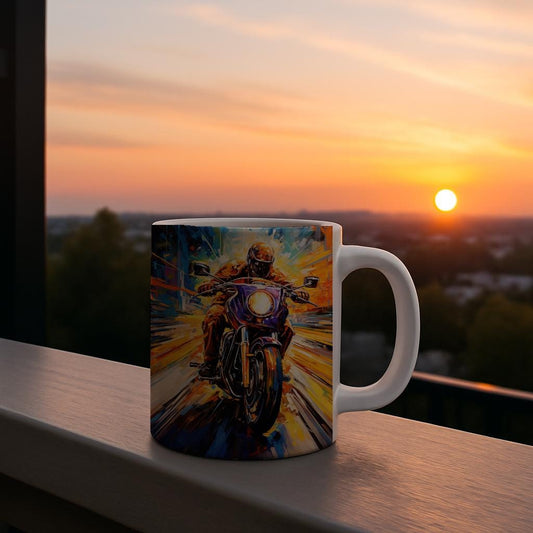 Ride the Blaze Motorcycle Mug | Abstract Expressionist Biker Coffee Cup | Dynamic Speed Art Drinkware | Vibrant Modern Rider Gift for Him