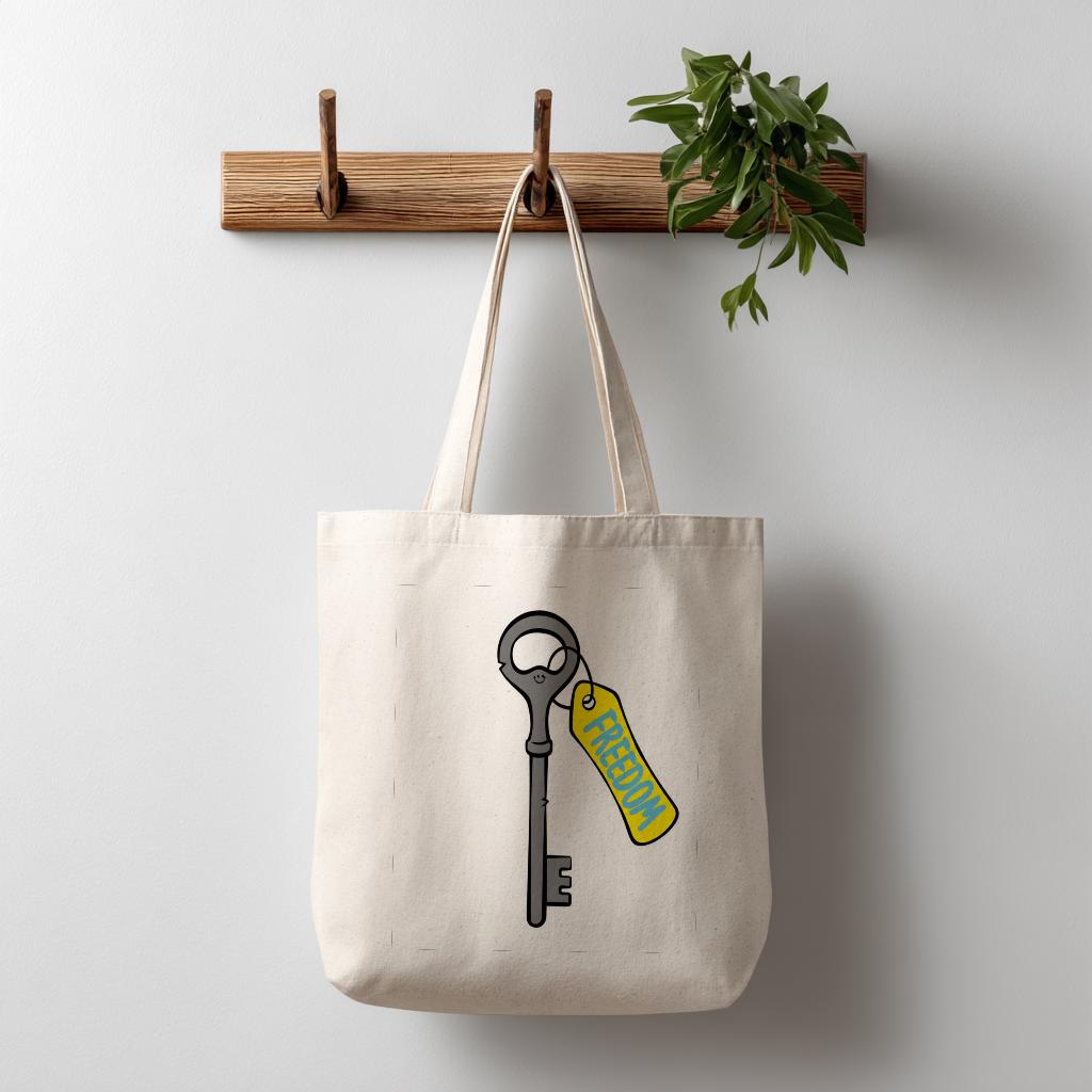 Freedom Key Tote Bag, Liberty Empowerment Canvas Tote, Positive Message Motivational Bag, Whimsical Cartoon Design, Reusable Gift.