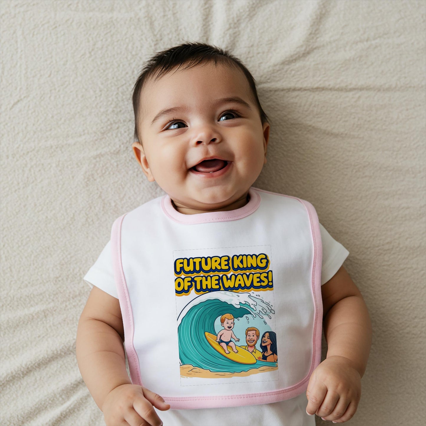 Future King of the Waves Baby Bib | Surfing Ocean Theme Infant Feeding Accessory | Playful Royal Nods Unique Baby Shower Gift Idea