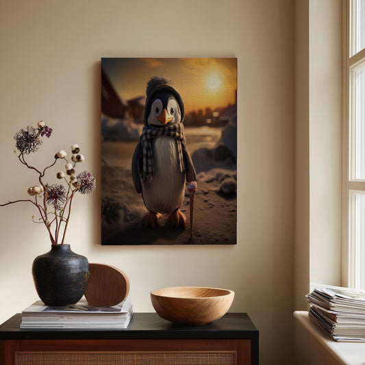 Cute Penguin Canvas Print | Whimsical Winter Animal Wall Art | Adorable Kids Room Decor | Unique Nursery Art Gift | Cozy Sunset Scene