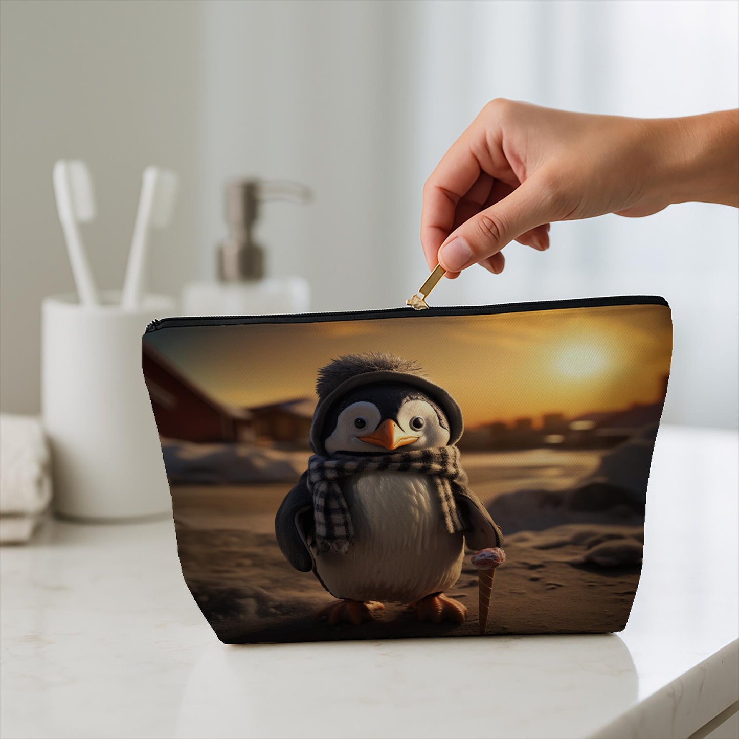 Cute Penguin Accessory Pouch with Ice Cream Cone | Whimsical Winter Animal Cosmetic Bag | Adorable Pencil Case Gift for Teens & Kids