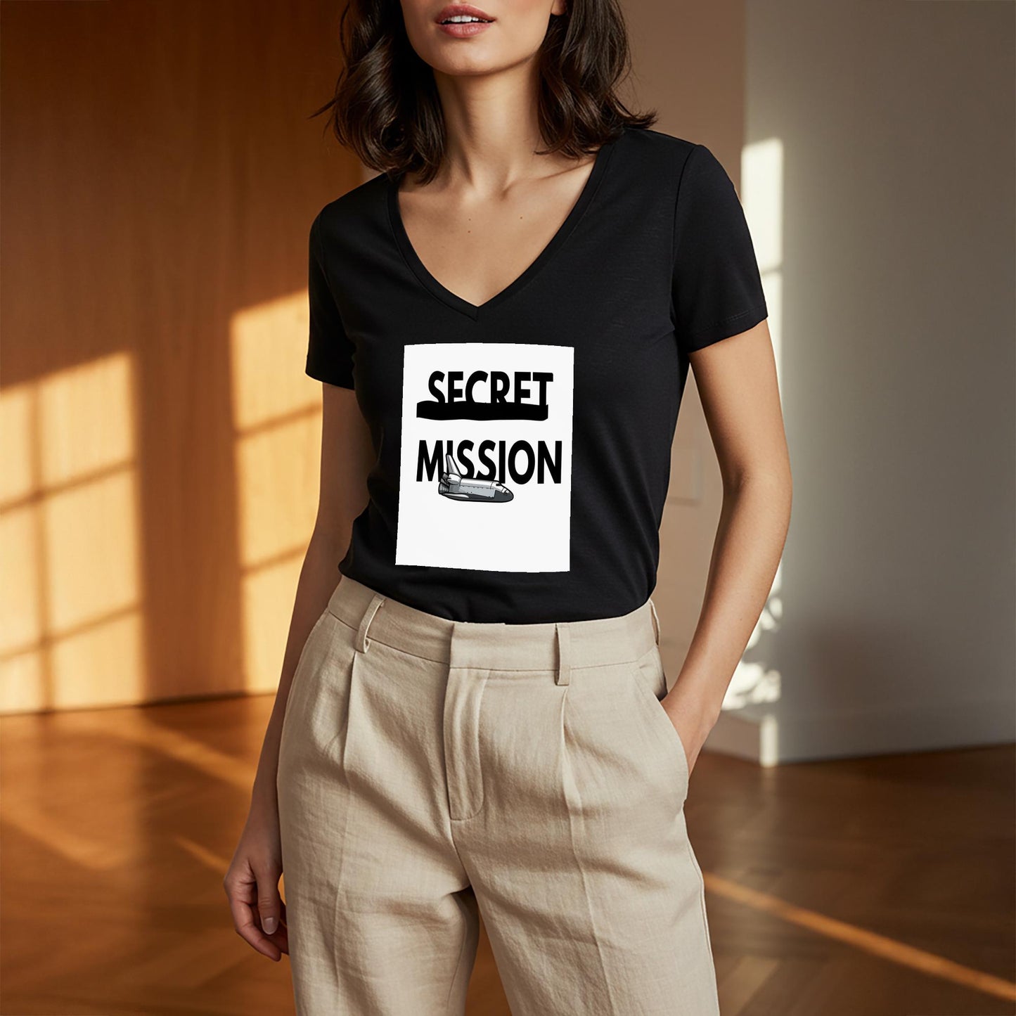 Secret Mission Space Shuttle V-Neck Tee | Unisex Graphic T-Shirt | Sci-Fi Adventure Apparel | Astronaut Gift for Space Lovers & Fans